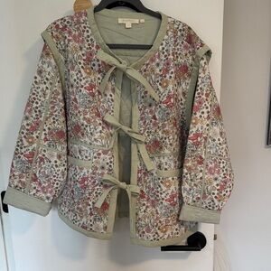 Anthropologie Floral Quilted Tie-Front Jacket / Vest - Sage Trim
